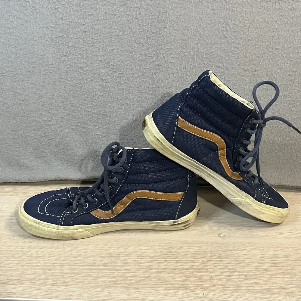 Vans SK8-Hi Navy Blue High Top Sneakers Tan Leather Stripe Skate Shoes Mens 8.5